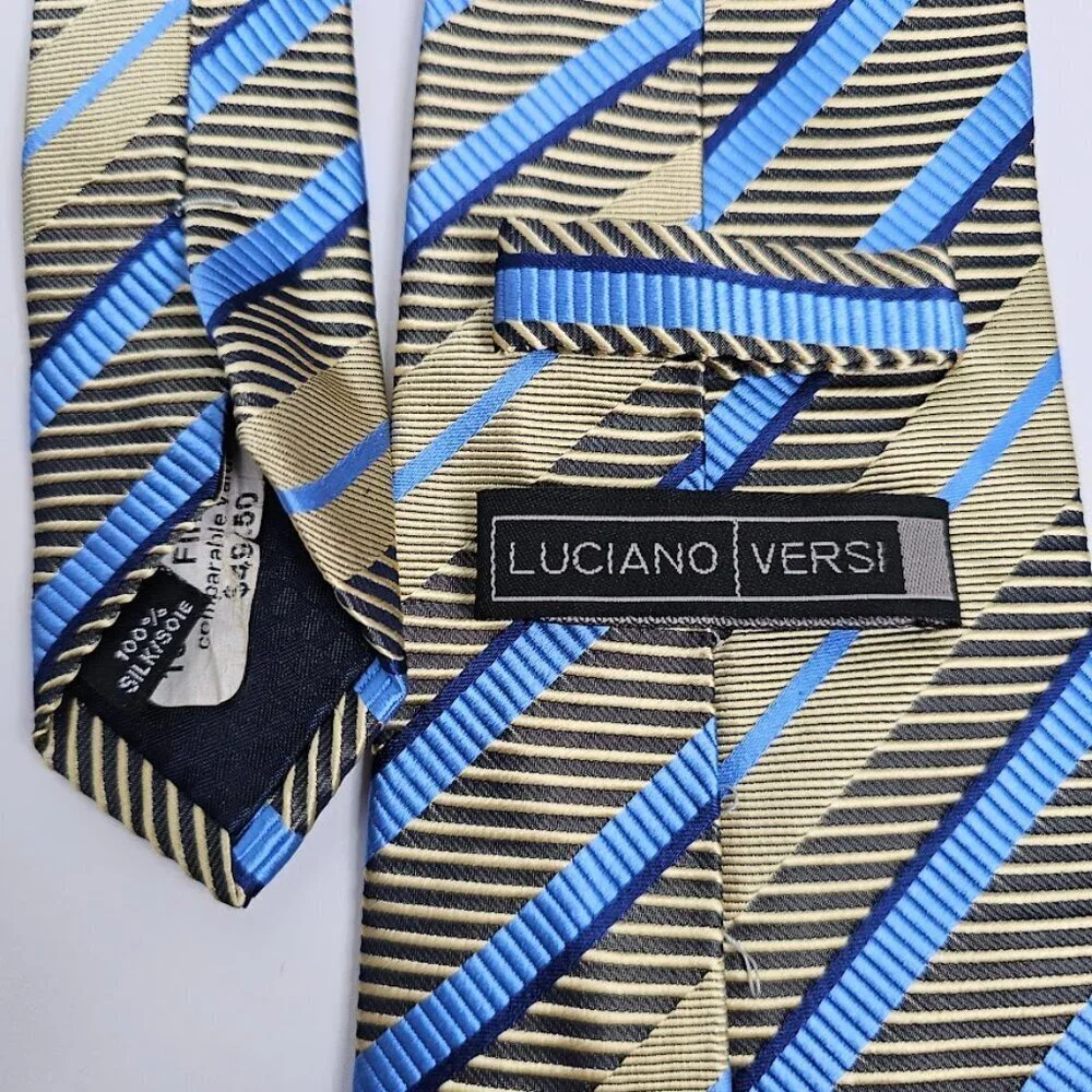 LUCIANO VERSI 100% Silk Tie Necktie BLUE NAVY GOLD Stripes 60